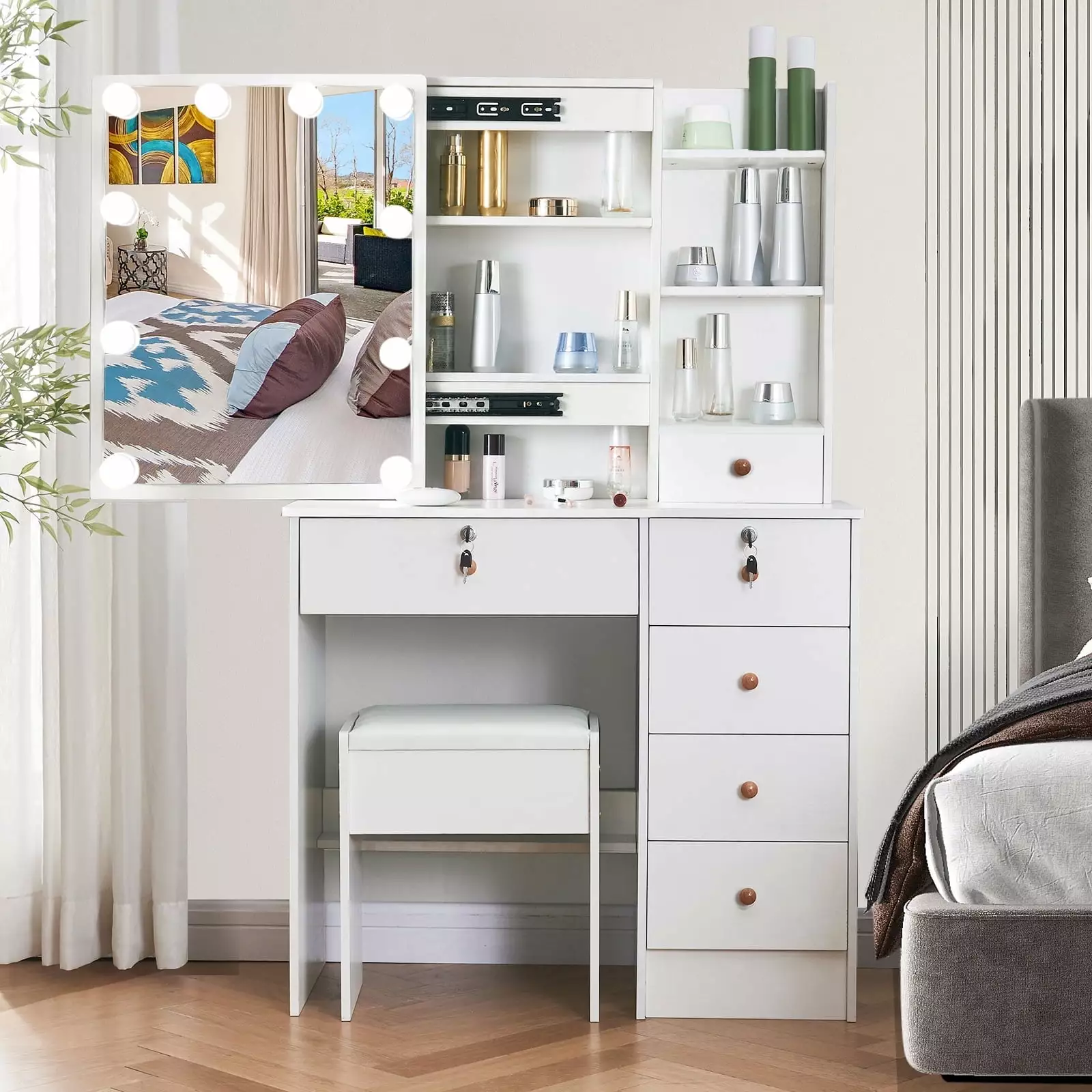 Jarbalai Makeup Vanity Set Sliding Mirror 3-Mode Lights Vanity Desk 6-Drawer Dressing Table Stool White