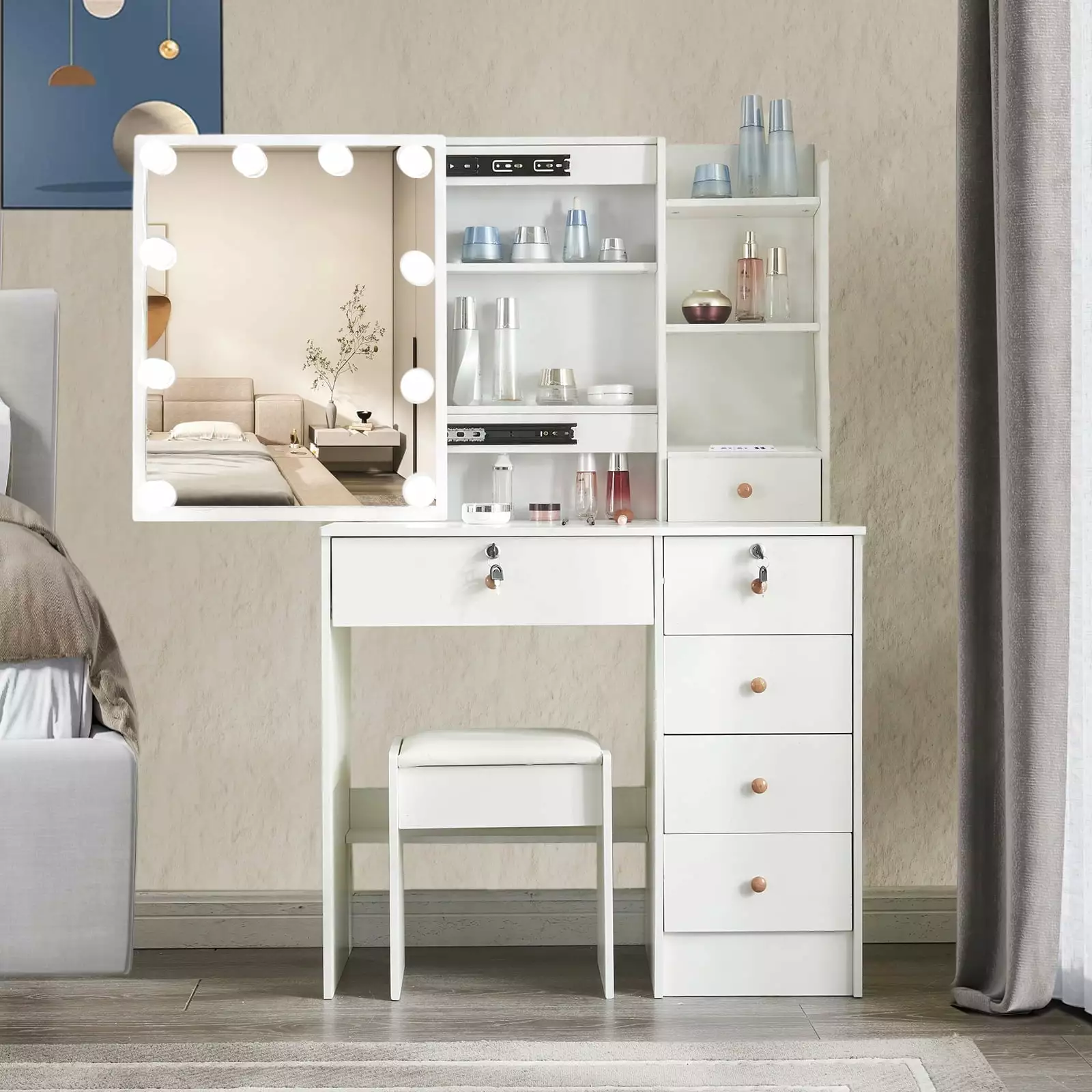 Yamissi Vanity Table Set 3 Color Lighted Mirror Stool 6 Drawers Storage Shelves Bedroom White