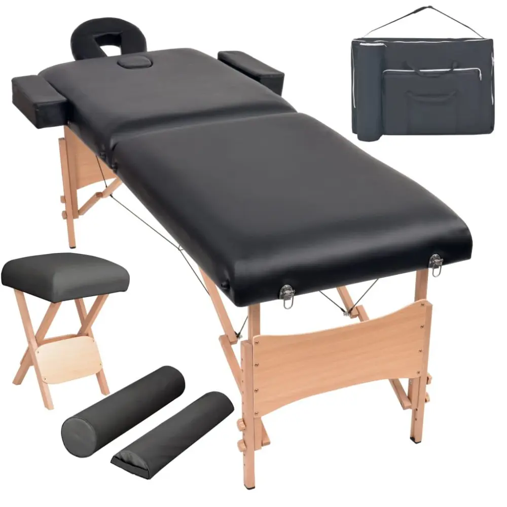 2-Zone Folding Massage Table and Stool Set 3.9 Inches Thick Black Professional