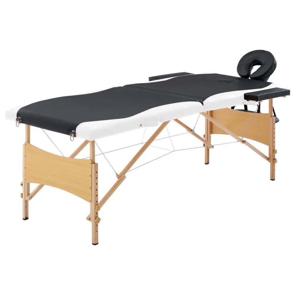2 Zones Foldable Massage Table Wood Black and White Portable Professional Massage Bed