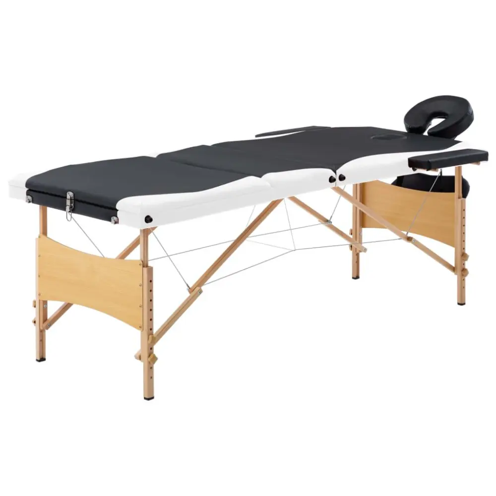 3 Zones Foldable Massage Table Wood Black and White Professional Portable Massage Bed