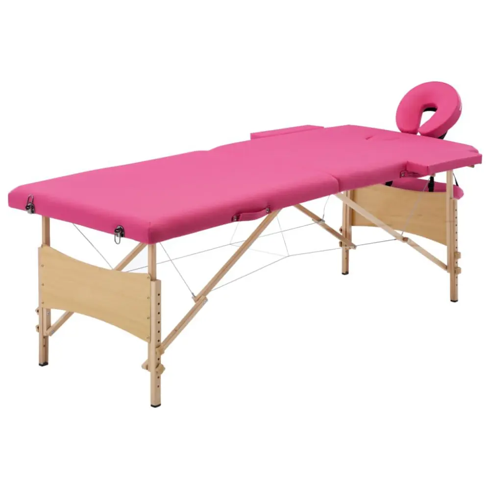 2 Zones Foldable Massage Table Wood Pink Portable Spa Massage Bed Home Use