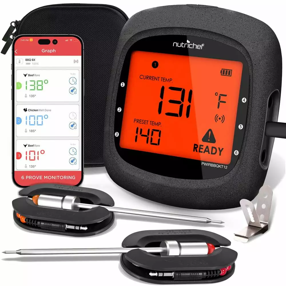 NutriChef Intelligent Bluetooth BBQ Thermometer Travel Zip Case and 2 Temperature Probes