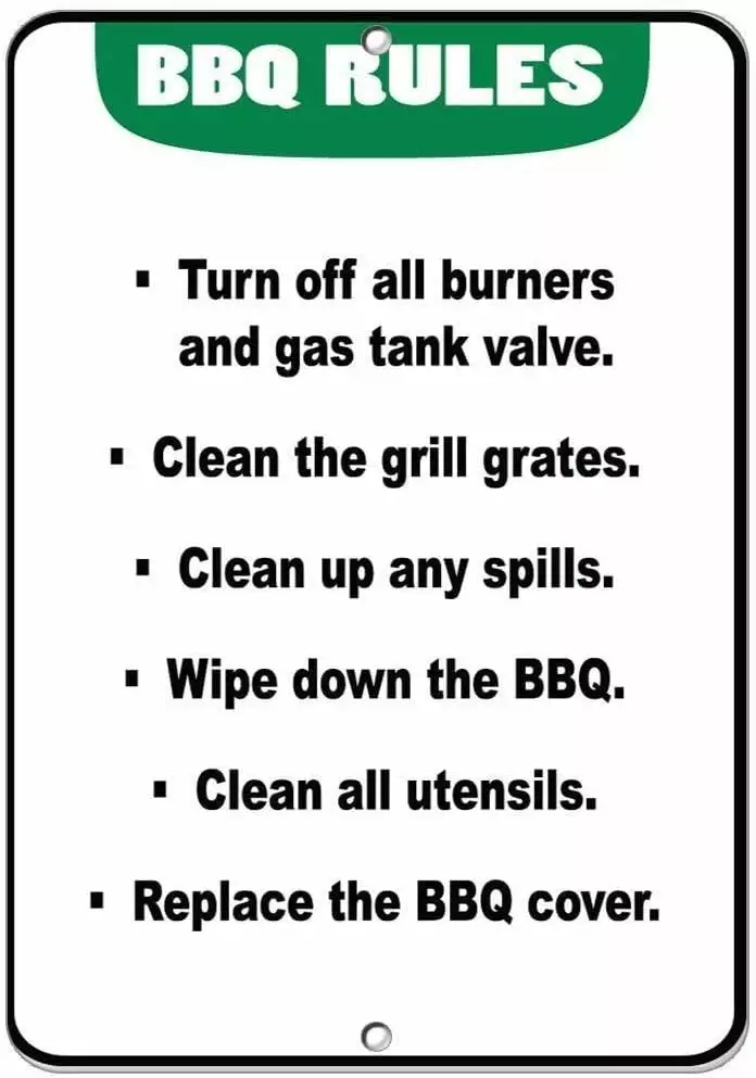 Home Decor Sign BBQ Turn Off Burners Gas Tank Clean Grill Grates Spills Metal Plaque Outdoor Indoor Use 12x16 Inches