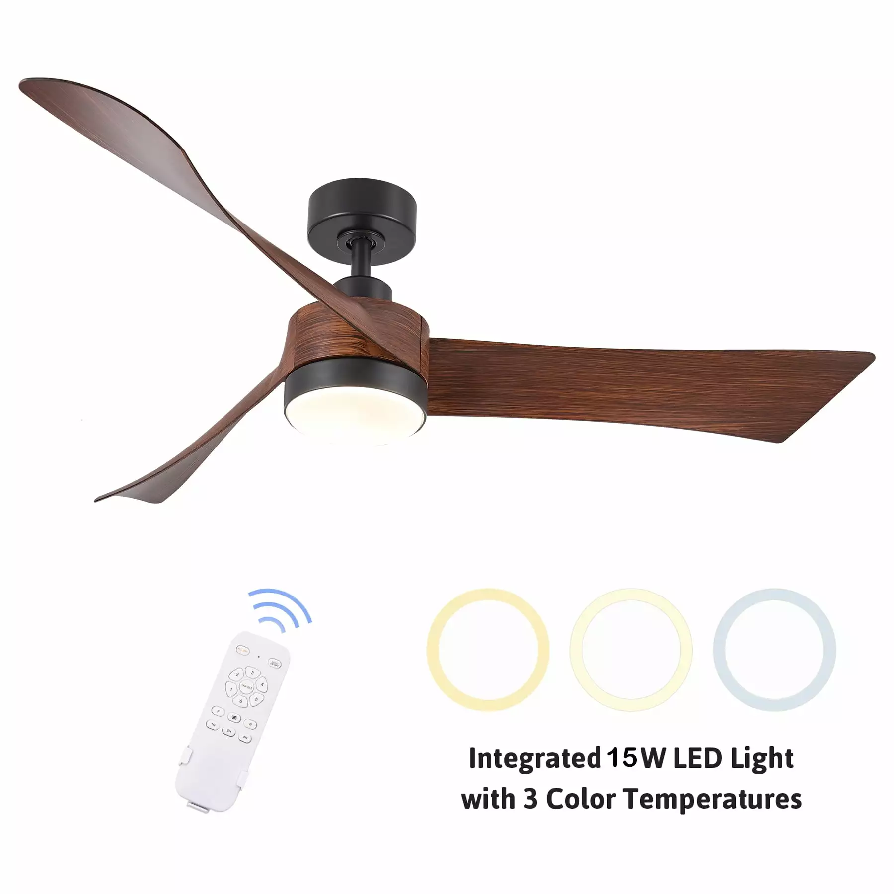 Bestco 54 Inch Modern Walnut Ceiling Fan 15W LED Light Remote Control Timer