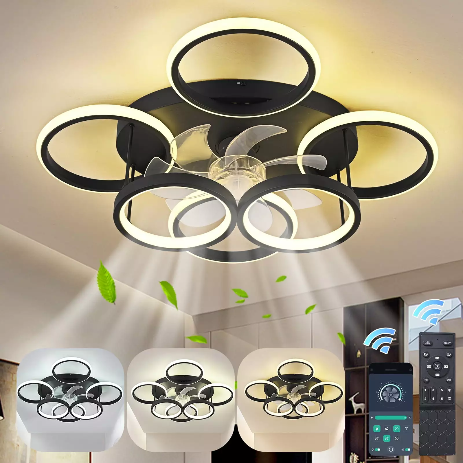 Garwarm Modern Ceiling Fan Lights Remote Control 6 Speed Dimmable LED Low Profile Bedroom Kitchen
