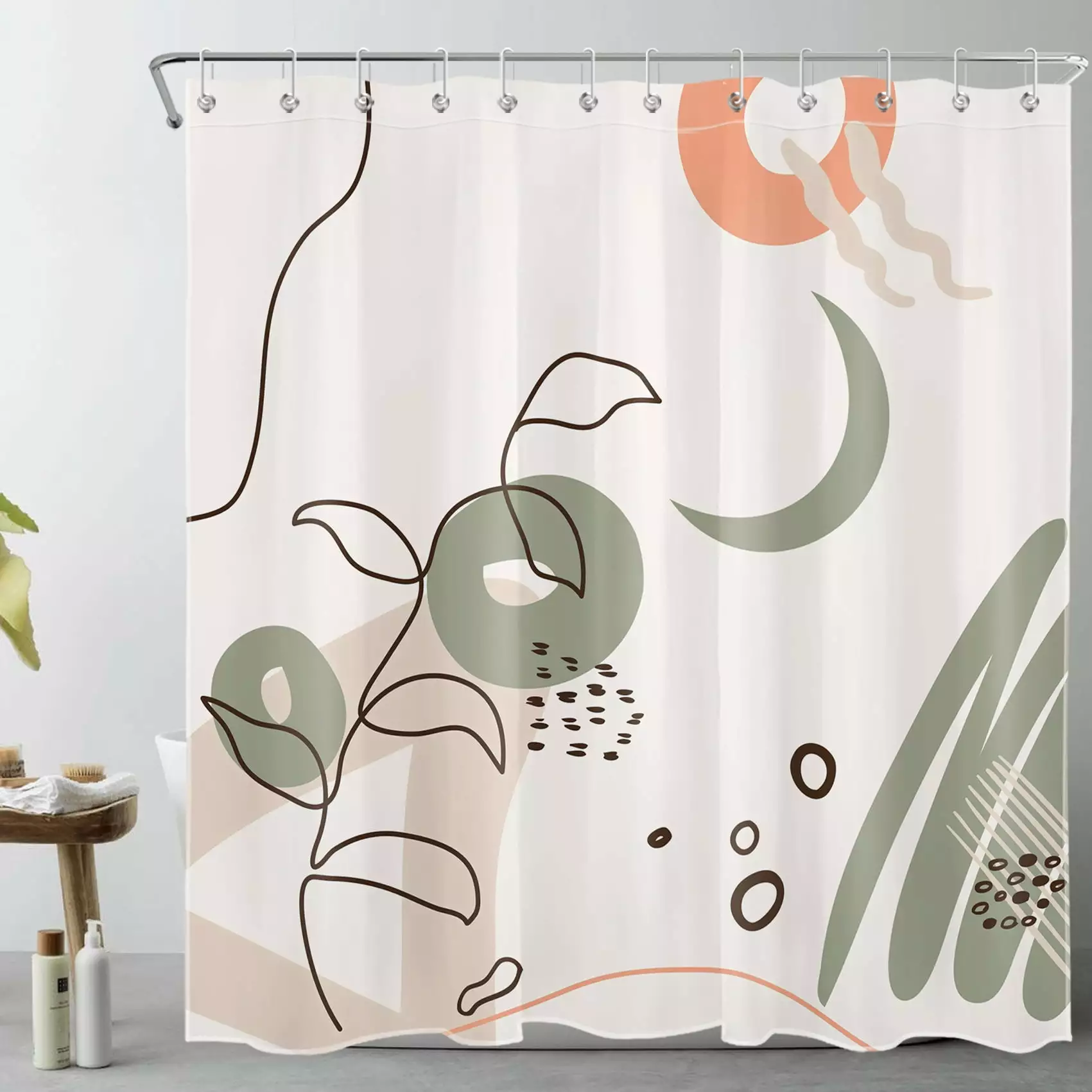 Boho Abstract Shower Curtain Sage Green Moon Brown Geometric Modern Minimalist Art Bathroom Set Hooks Mid Century 72x78 In...