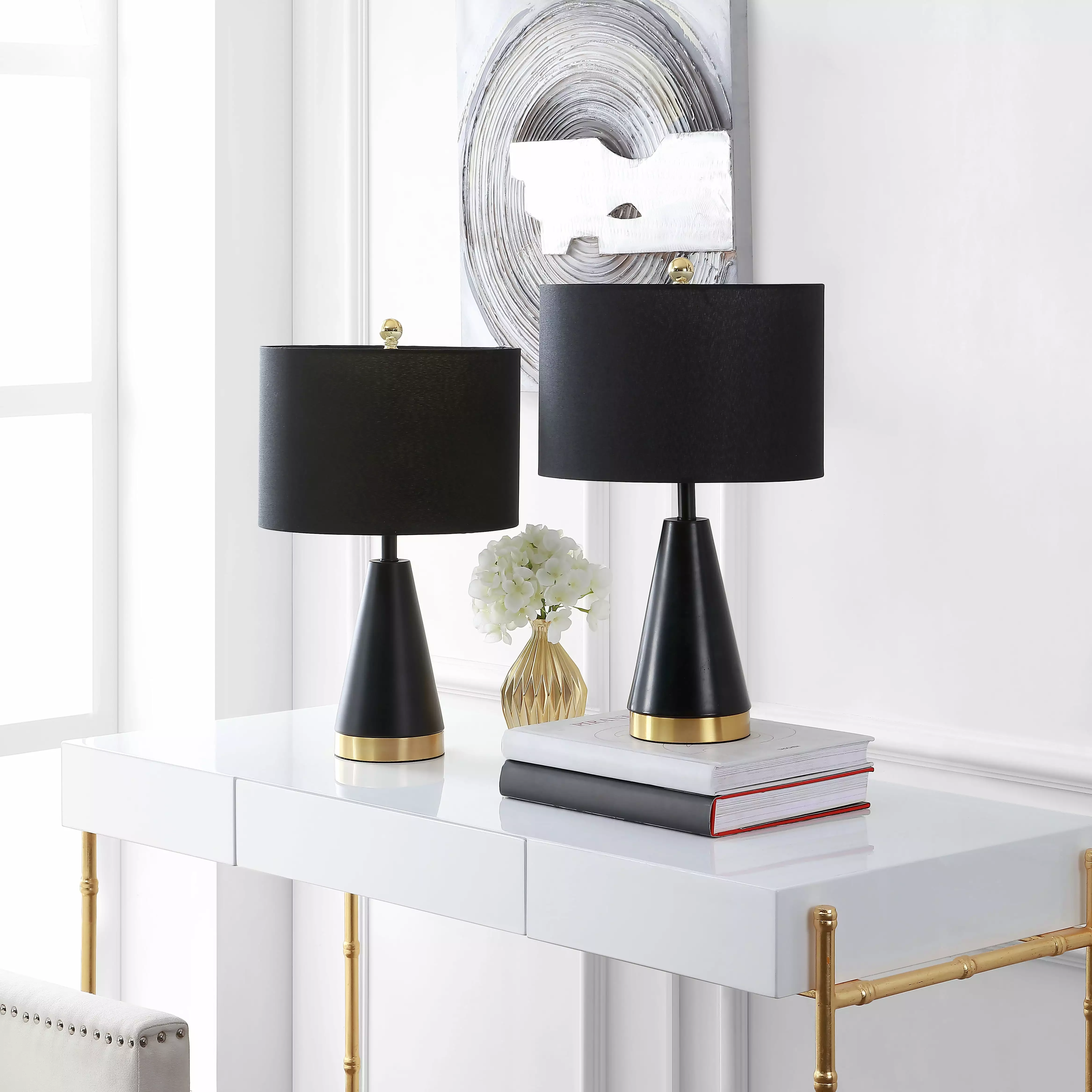 SAFAVIEH Penla 20 Inch Mid-Century Cone Table Lamp Black Brass Gold Modern Lighting