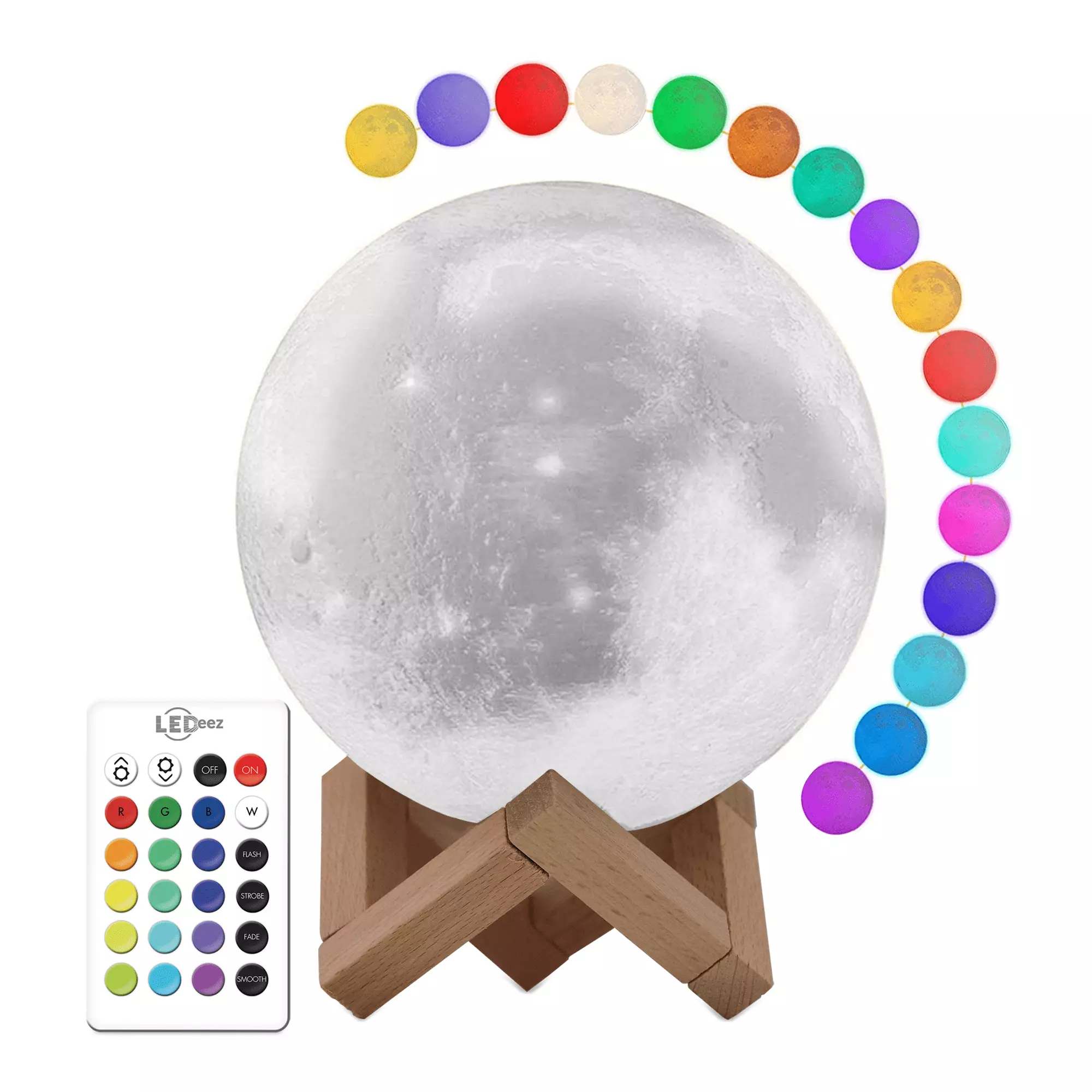 Ledeez LED White Moon Lamp Wood Display Stand Remote Controlled 16 Colors 4 Modes