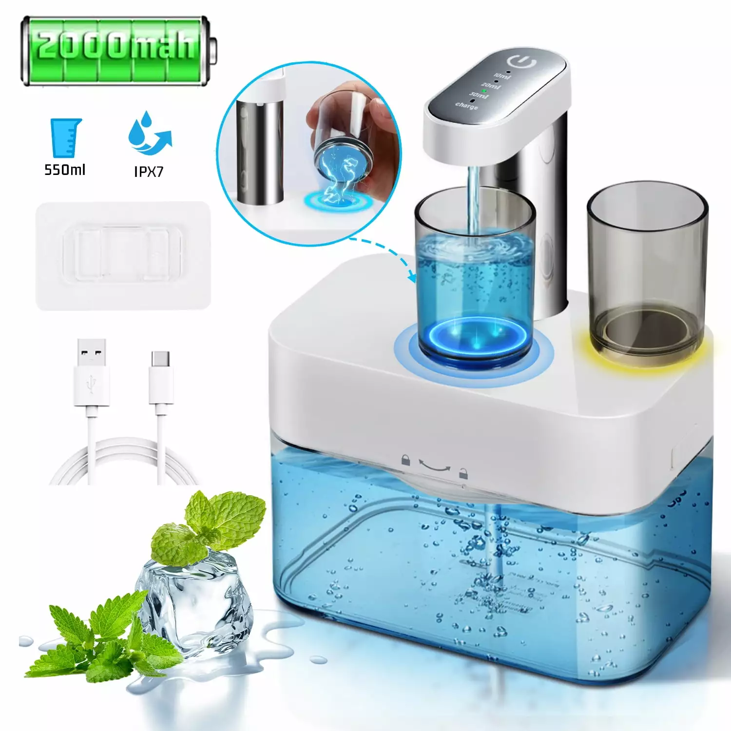 Electric Touchless Mouthwash Dispenser 2 Magnetic Cups USB Rechargeable Qianwei