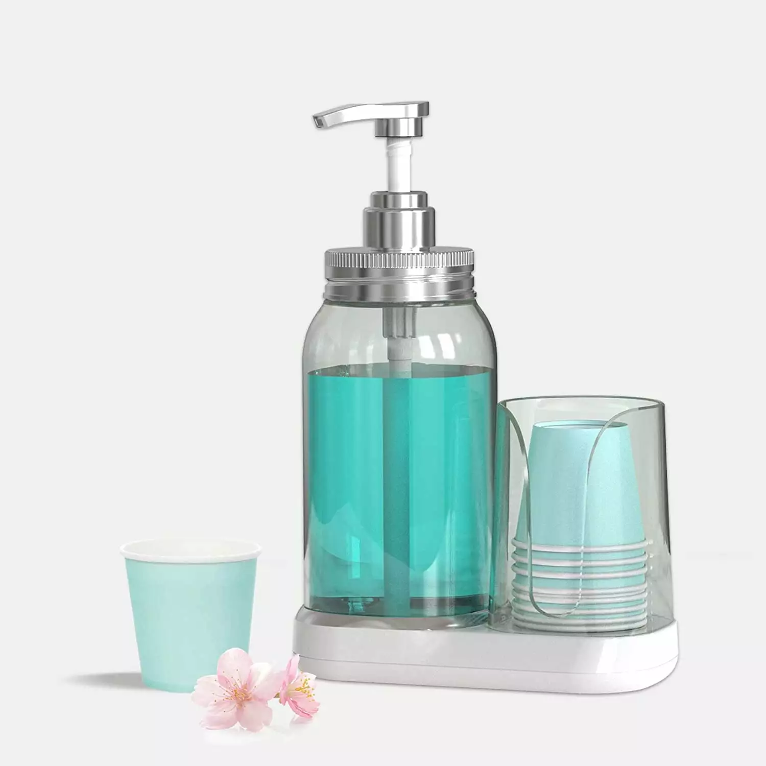 WhiteRhino 25oz Clear Mouthwash Pump Dispenser Cup Holder Bathroom