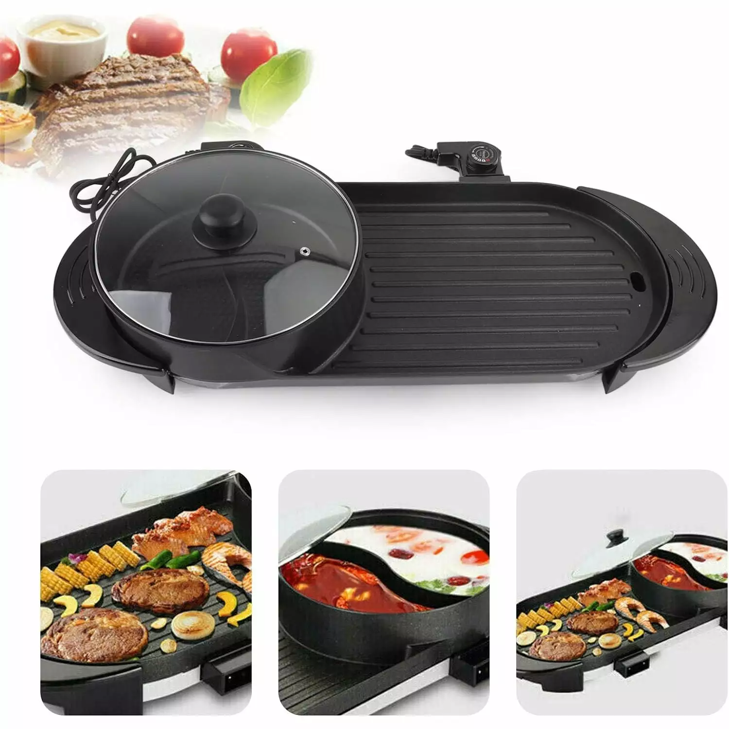 Bruce & Shark 2 1 Travel-friendly Electric Barbecue Grill Hot Pot Non-Stick Teppanyaki Pan - Double temperature control. 5...