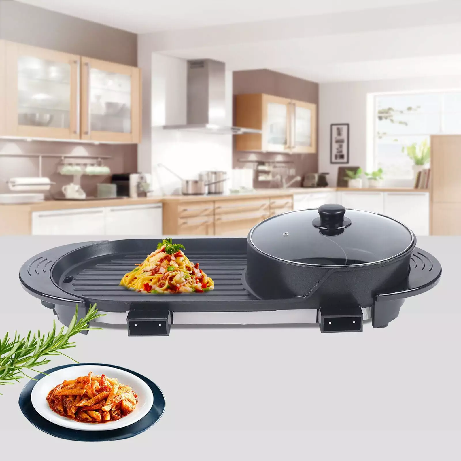 Electric 2 1 Hot Pot Barbecue Grill. GDAE10 Non-stick Teppanyaki Pan Soup Multifunctional Anti-dry Korean 3.6L Capacity Do...