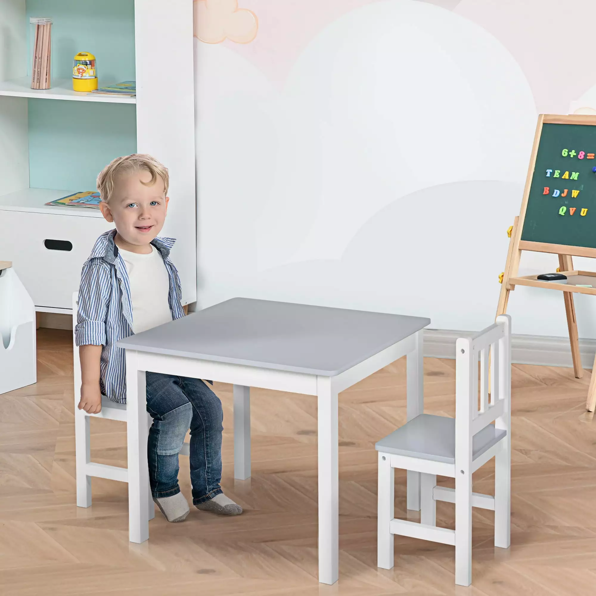 Qaba Kids Table and 2 Chairs Set 3 Pieces Toddler Multi-usage Desk Indoor Grey