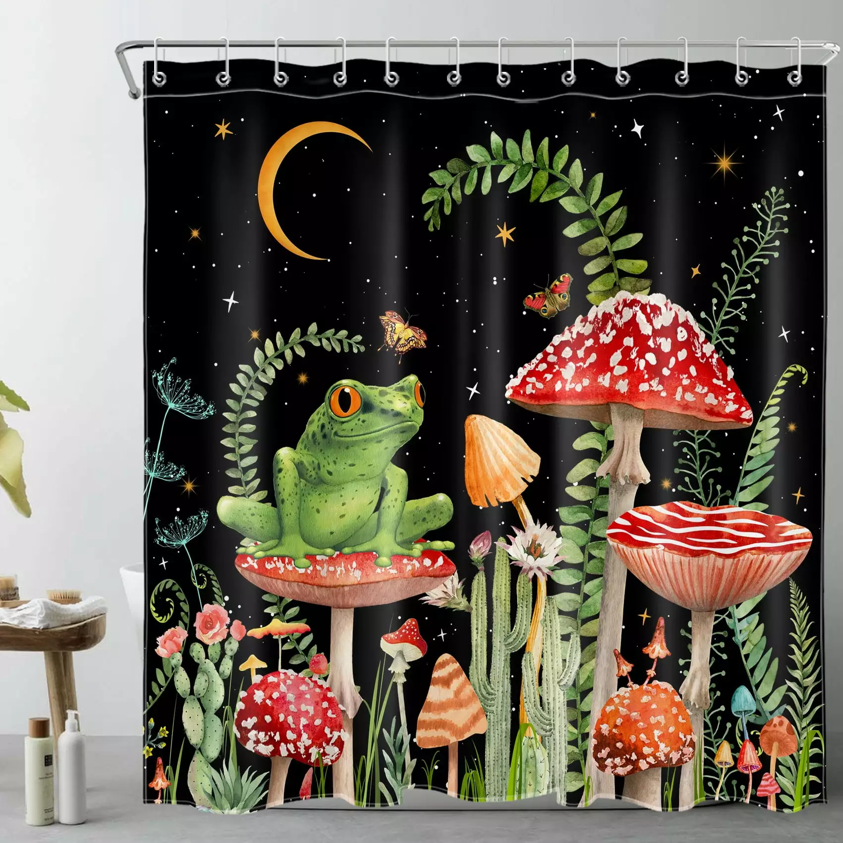 HVEST Vintage Red Mushroom Shower Curtain Funny Frog Butterfly Green Plant Black Boho Stars Moon 69x70 Inch