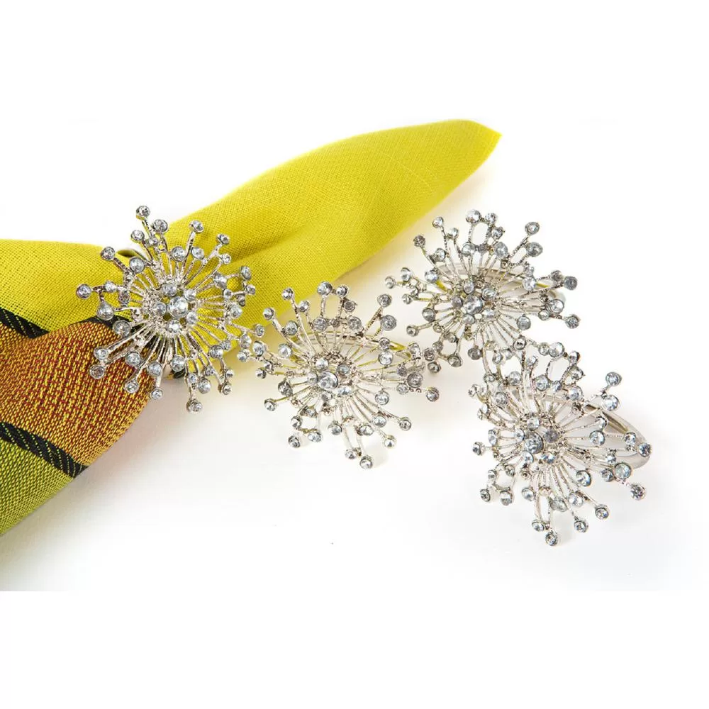 Manor Luxe 2 x 1.5 Inch Snowflake Holiday Elegant Silver Jeweled Metal Napkin Rings Set 4