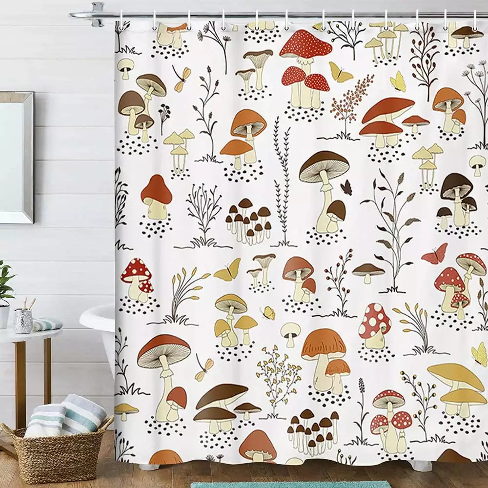 Cartoon Mushrooms and Butterflies Shower Curtain Colorful Wild Plants and Fungus Bathroom Decor 70X70IN Veigike