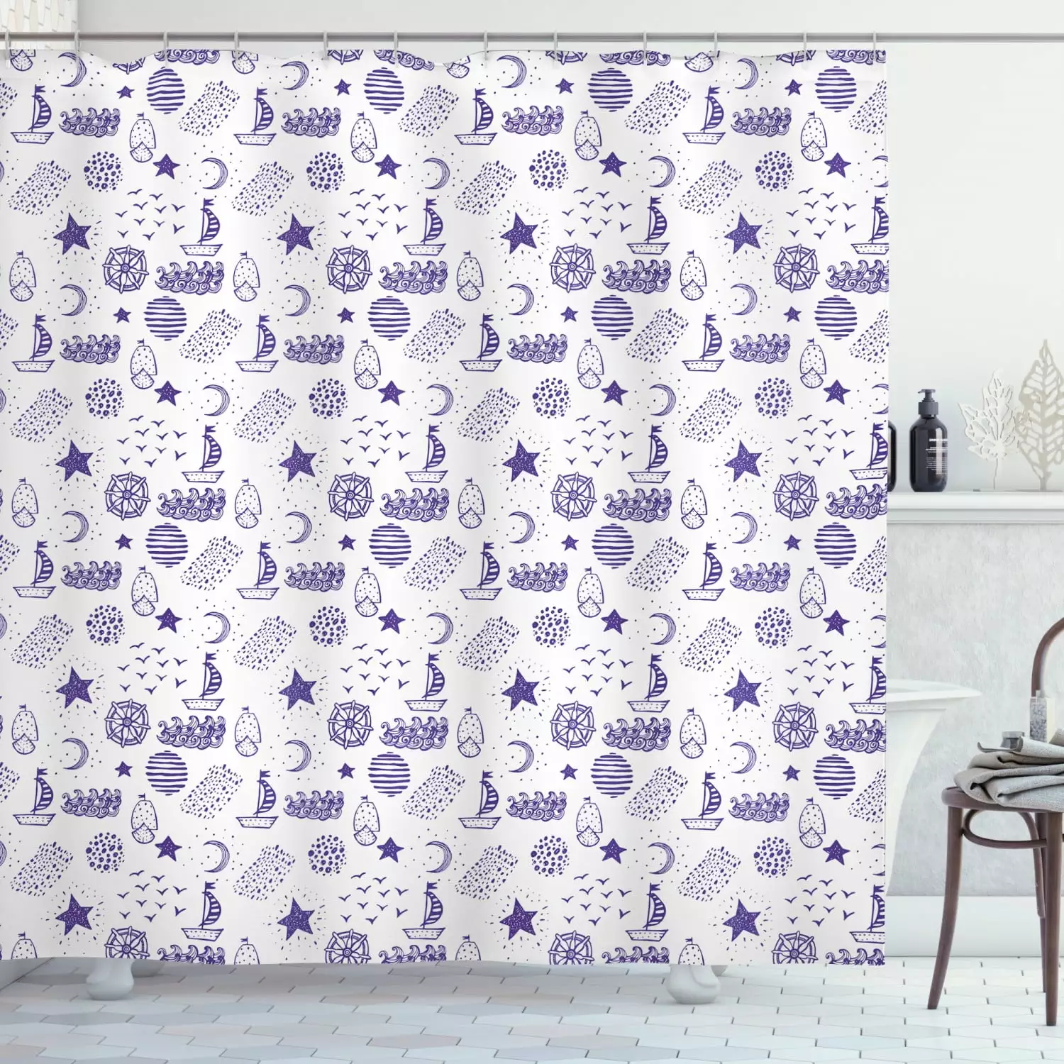 Ambesonne Cartoon Shower Curtain Boat Star Gulls Moon Shell Design 69Wx70L Purple Bathroom Decor