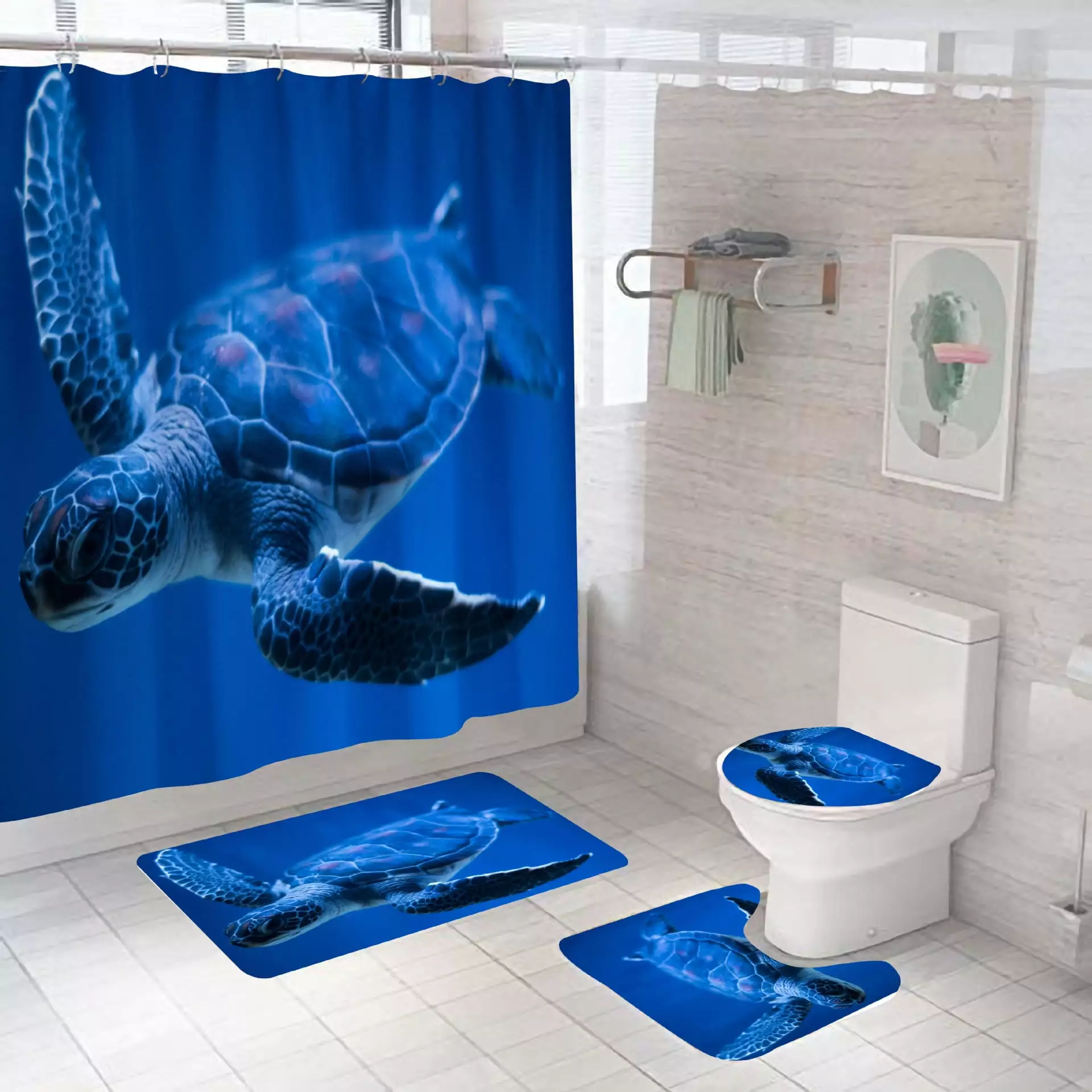 Blue Sea Turtle Shower Curtain and Rug Set - Nautical Waterproof Bathroom Decor Hooks AOUPVAY