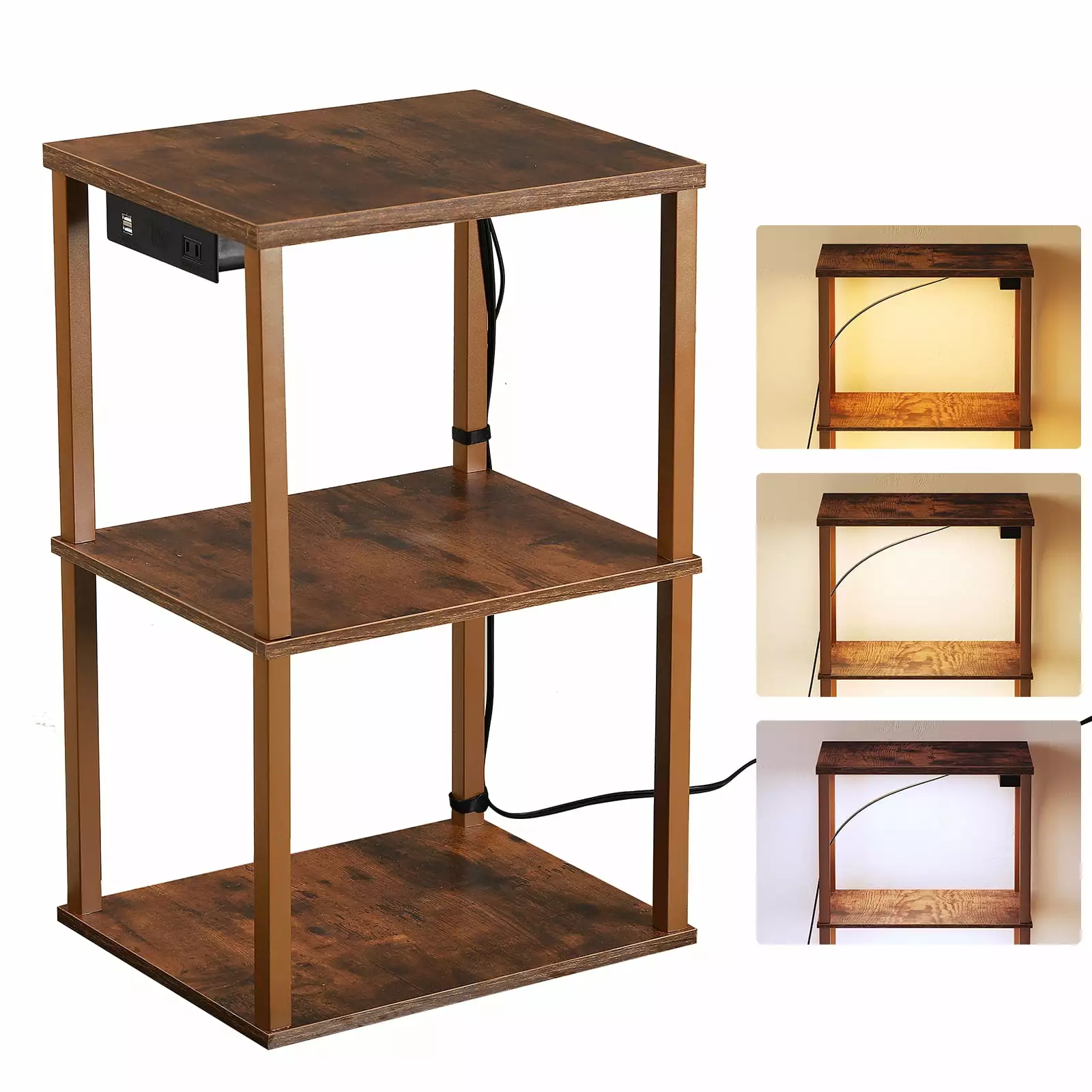 AOHAO Side Tables Dimmable Light 3-Tier Bedside Table Sturdy Metal Frame
