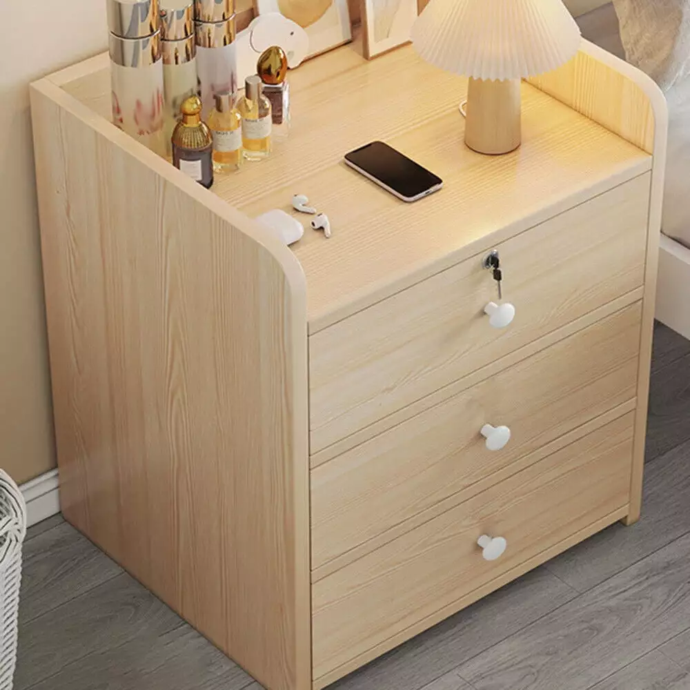 CHZIMADE 3 Drawer Wooden Bedside Cabinet Nightstand Storage Table