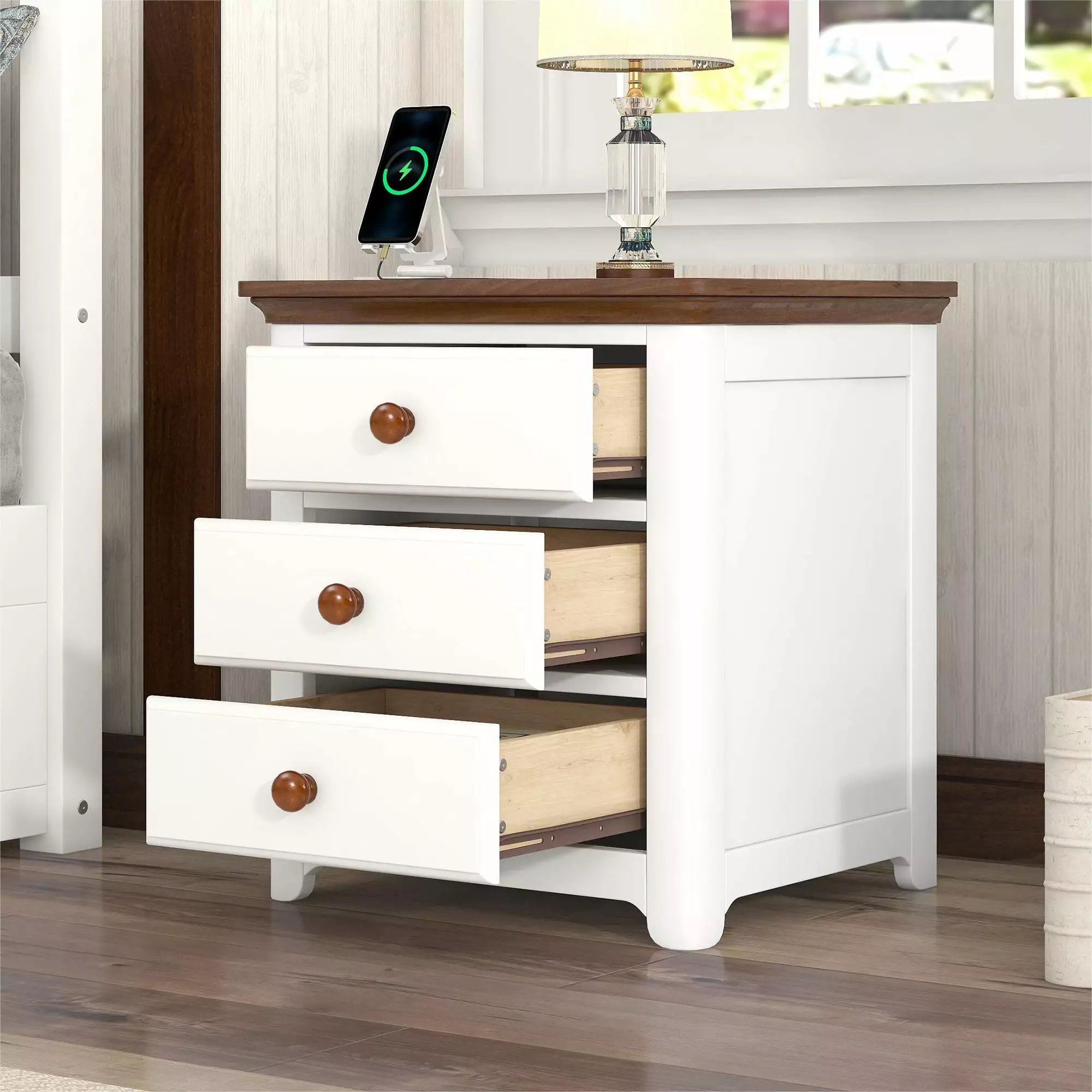 Euroco 3 Drawers Wooden Nightstand USB Charging Ports End Table Bedroom White & Walnut