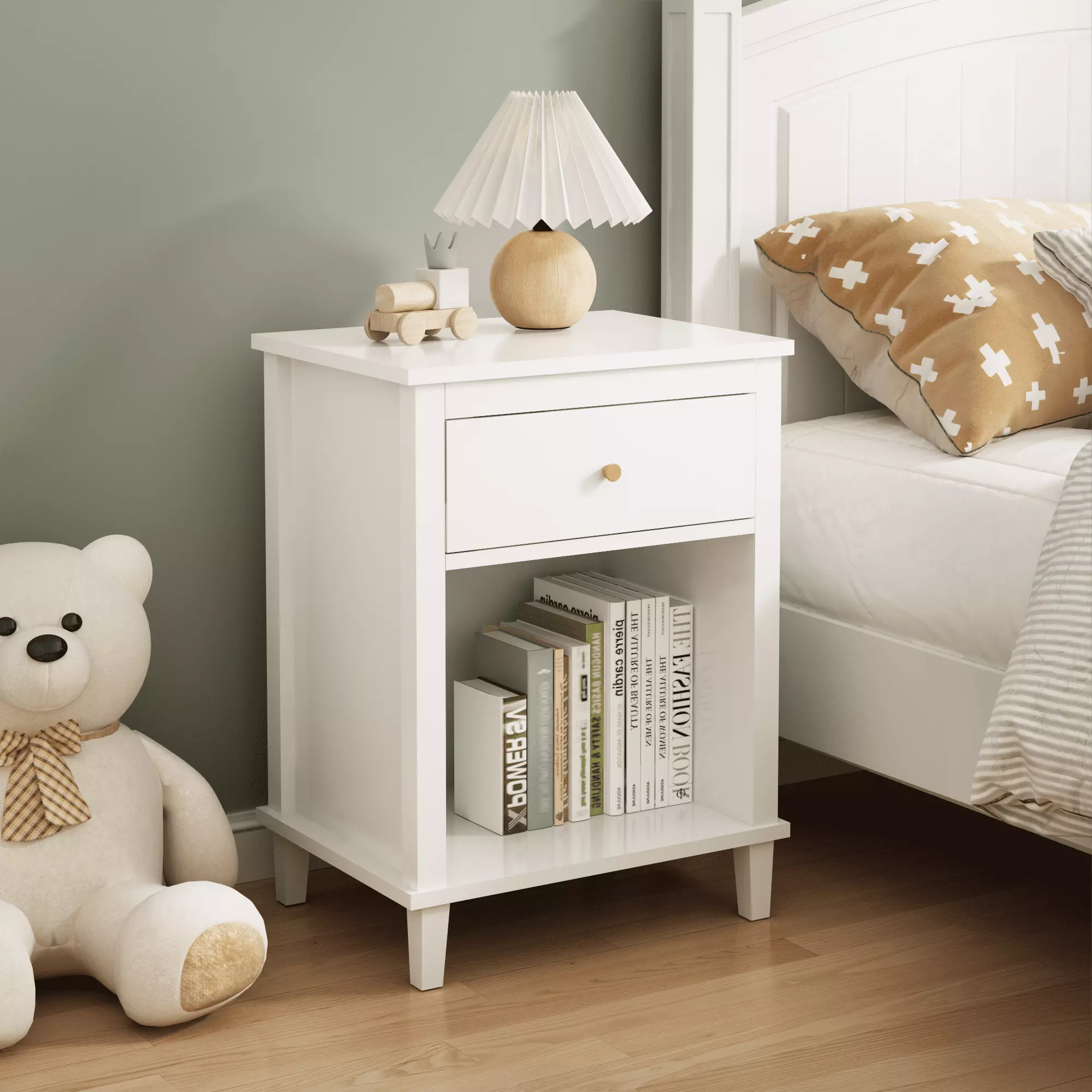 26.77 Inch H Wooden Nightstand Drawer and Shelf - Multi-functional Bedside Table Kids and Adults White HOMXIAOWO