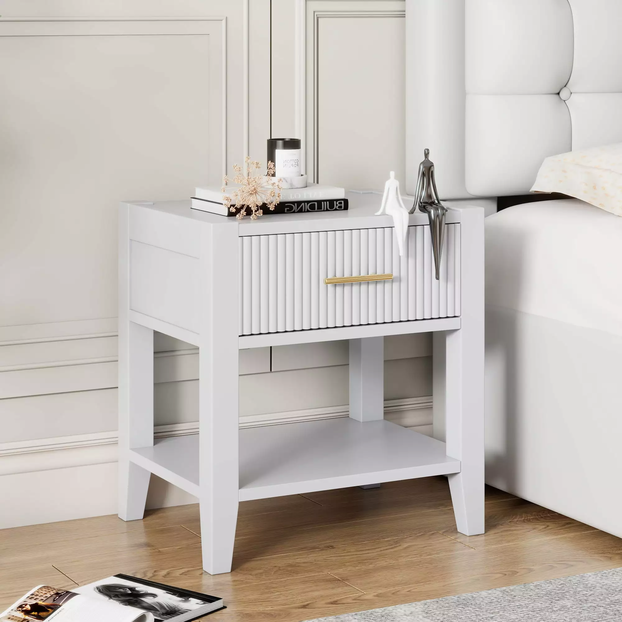Elegant White Wooden Nightstand Drawer and Open Storage Minimalist Design Bedside Table HOMXIAOWO