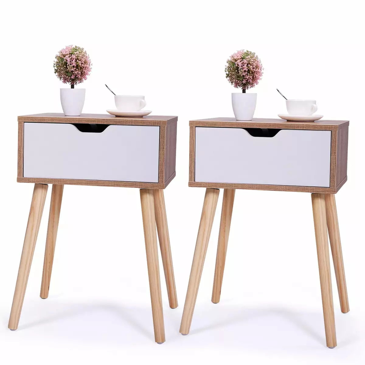Veryke Set 2 Wooden Nightstand Drawer 23H Walnut Bedside Table Bedroom
