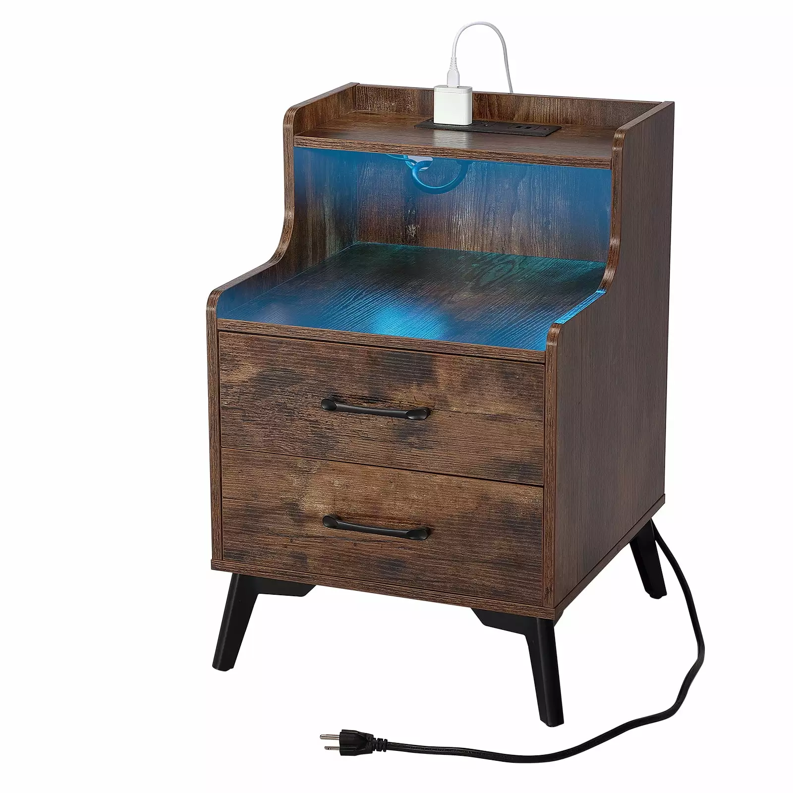 Yamissi Nightstands Charging Station USB Port Bedside Table 2 Drawers Rustic Brown