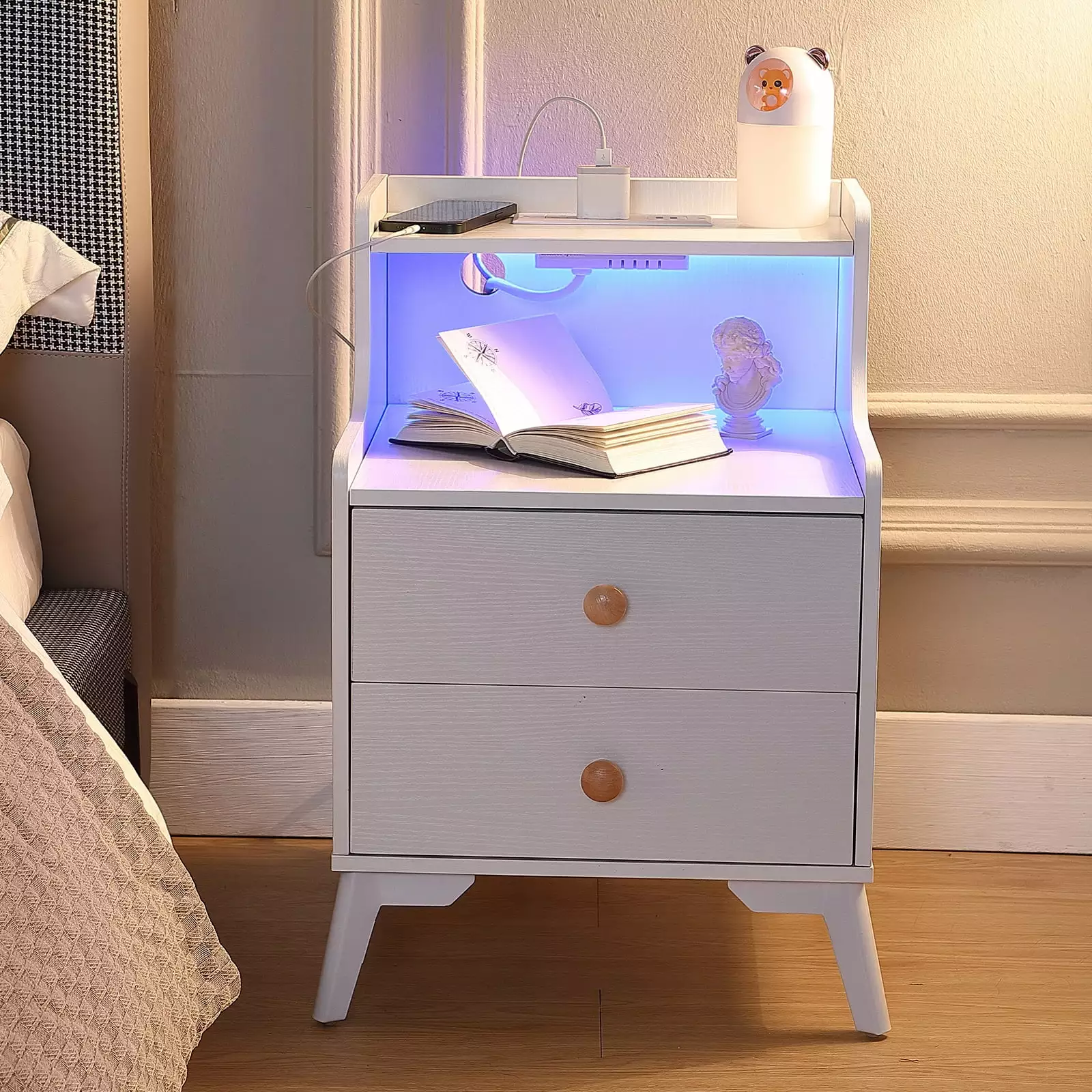 Yamissi Nightstands Charging Station USB Port Bedside Table 2 Drawers White