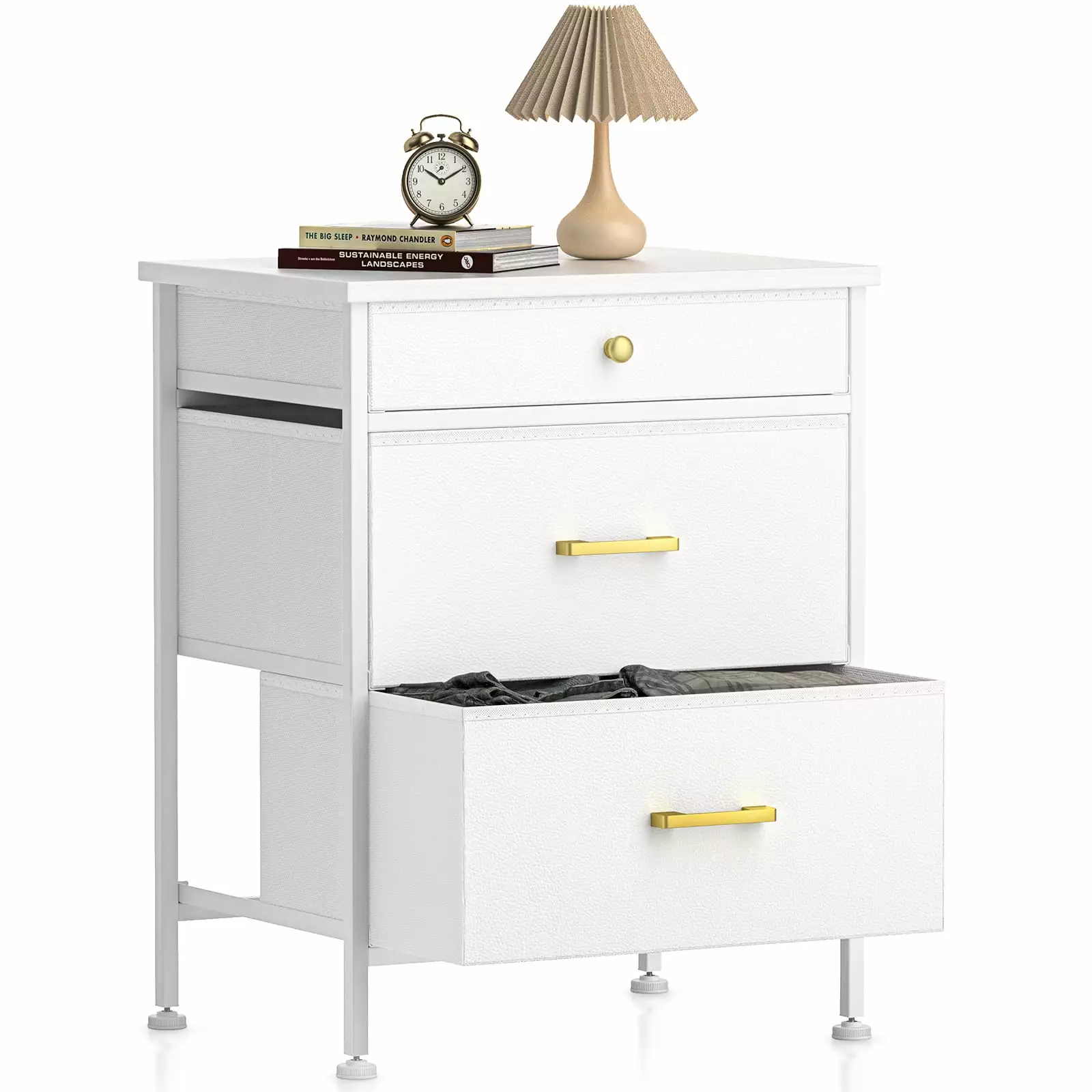 YILQQPER 3 Drawer White Faux Leather Nightstand Different Drawers Bedroom