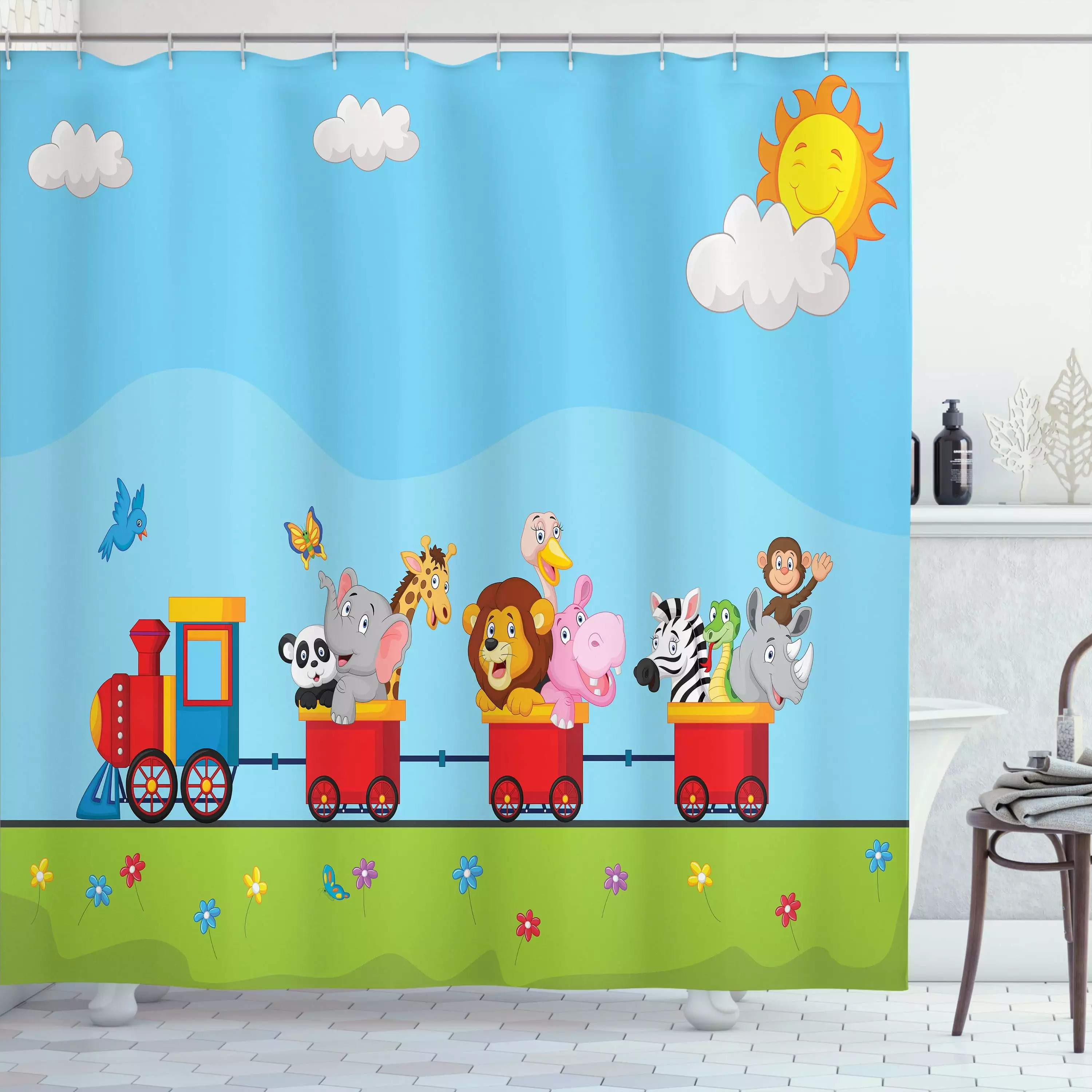 Ambesonne Colorful Shower Curtain Cartoon Animal Sun Multicolor 69Wx70L