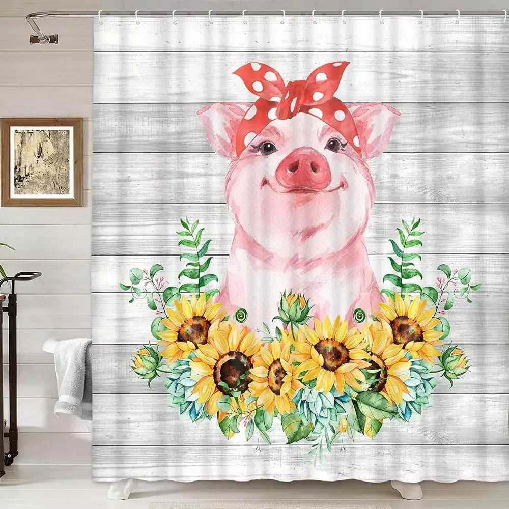 Funny Farmhoutilize Pig Shower Curtain Vintage Rustic Wooden Board 69X70IN Veigike