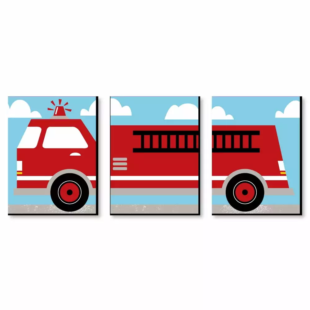Big Dot Happiness Fired Up Fire Truck Nursery Wall Art Set 3 Prints 7.5 x 10 inches