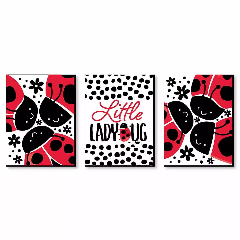 Big Dot Happiness Happy Little Ladybug Baby Girl Nursery Wall Art Set 3 Prints 7.5x10 Inches