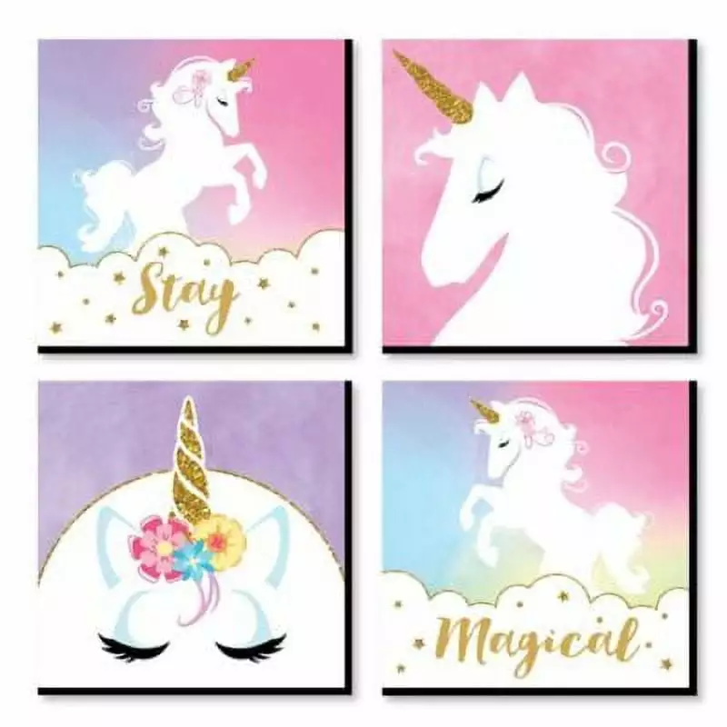 Rainbow Unicorn Kids Room Nursery Decor Set 4 Prints 11 x 11 inches Big Dot of Happiness