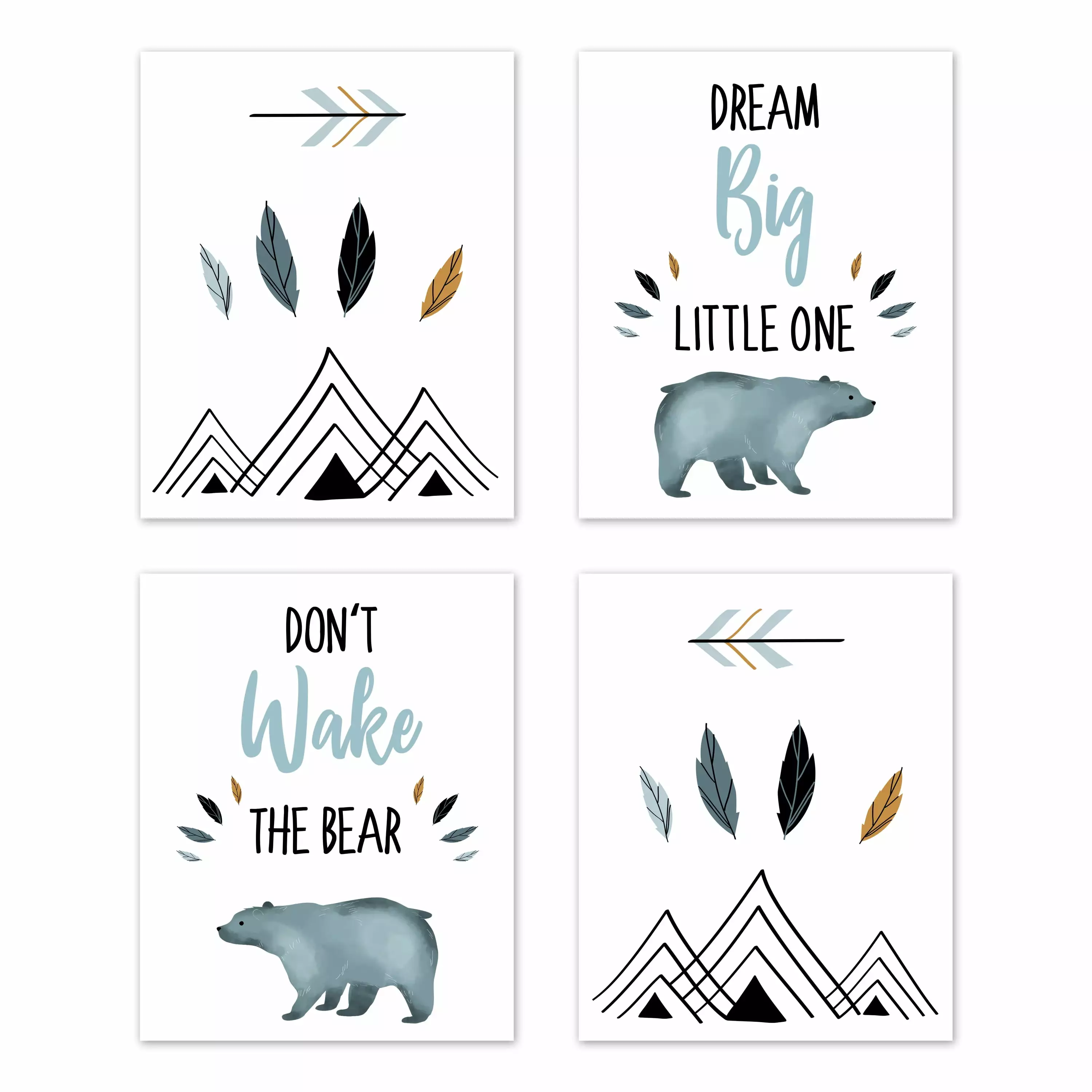 Sweet Jojo Designs Slate Blue and White Bear Mountain Watercolor Wall Art Set 4