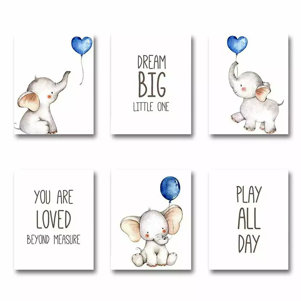 Set 6 Blue Elephant Nursery Wall Art Prints Balloons Baby Boy Room Decor ishantech