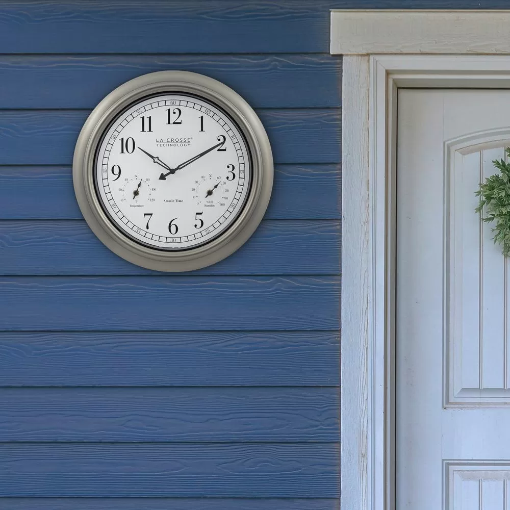 La Crosse Technology 18-Inch Indoor/Outdoor Classic Plastic Pewter Atomic Analog Clock Thermometer & Hygrometer