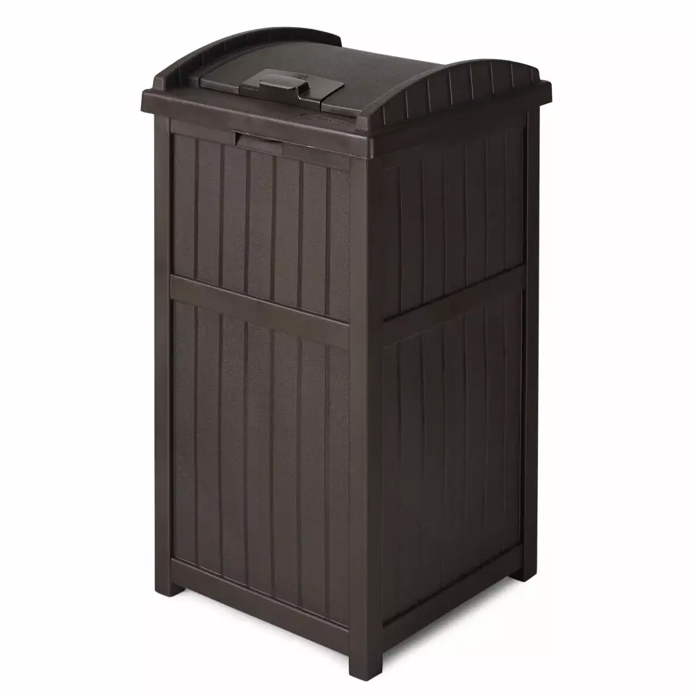 Suncast 33 Gallon Hideaway Outdoor Garbage Can Protect Lid Java Brown