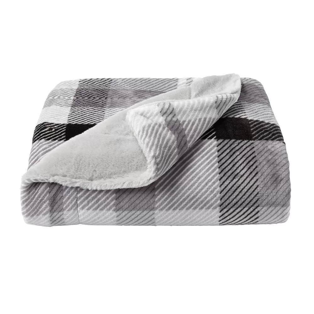 Lavish Home Oversized Faux Fur Phantom Grey Plaid Flannel Throw Blanket Hypoallergenic