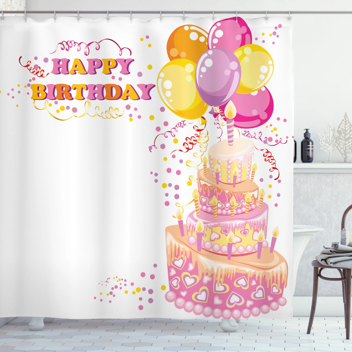Ambesonne Birthday Party Shower Curtain Girl Theme Cake Orange Pink Bathroom Decor