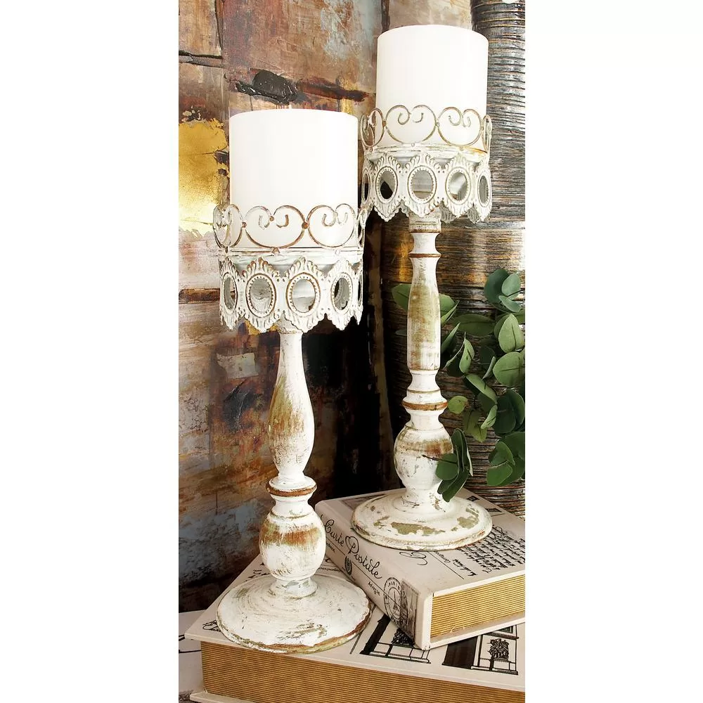 LITTON LANE 14 . Distressed Ivory Iron Pillar Candle Holders Filigree-Patterned Cups Set 2