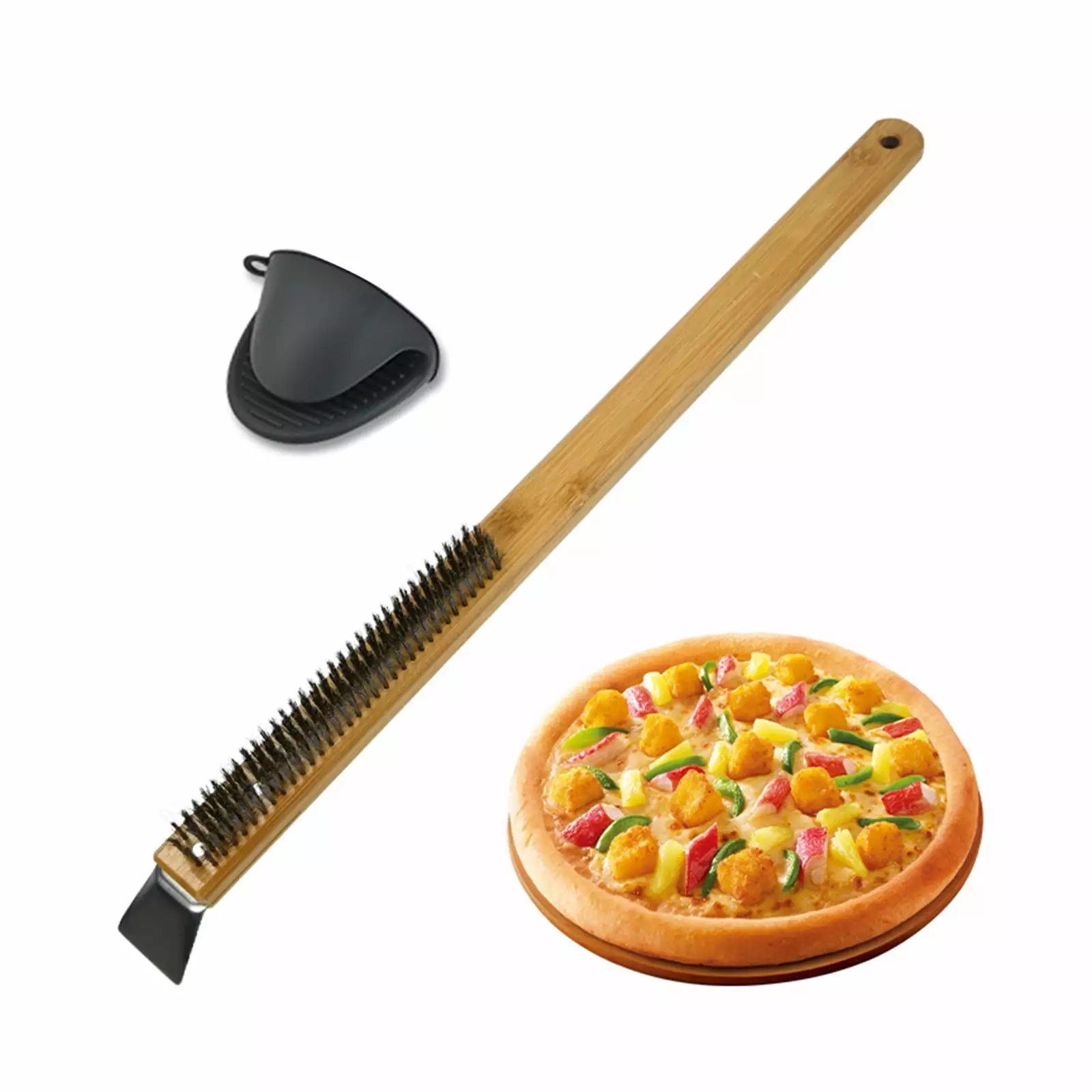ZPAQI Stainless Wire Pizza Stone Cleaning Brush Scraper Barbecue Grill Tool Wood Handle