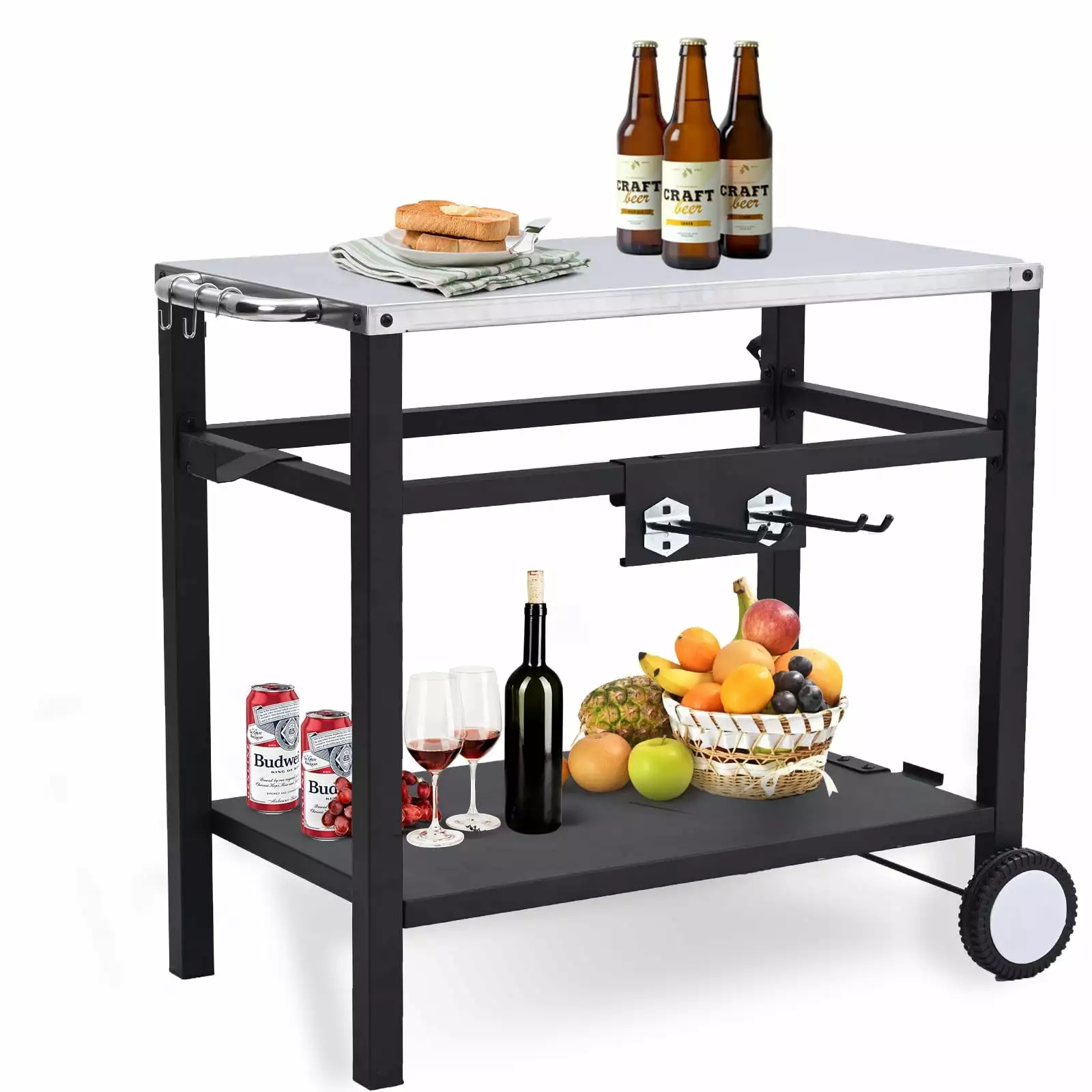 Outdoor Grill Cart Pizza Oven Stand Stainless Steel Flattop BBQ Prep Table Wheels Hooks Homhougo