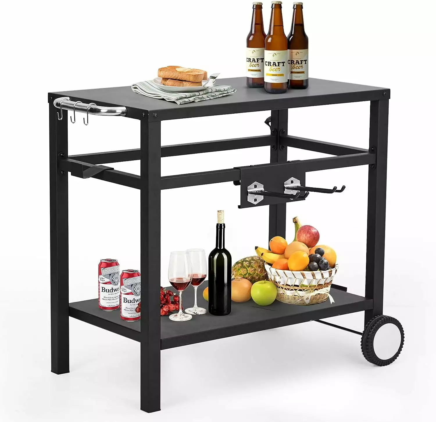 Black Bar Cart Outdoor Grill Cart Pizza Oven Stand BBQ Prep Table Wheels Hooks PIONEERWORKS