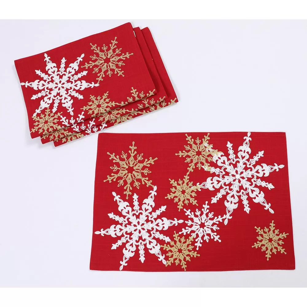 Manor Luxe 14x20 Inch Red Magical Snowflakes Crewel Embroidered Christmas Placemats Set 4