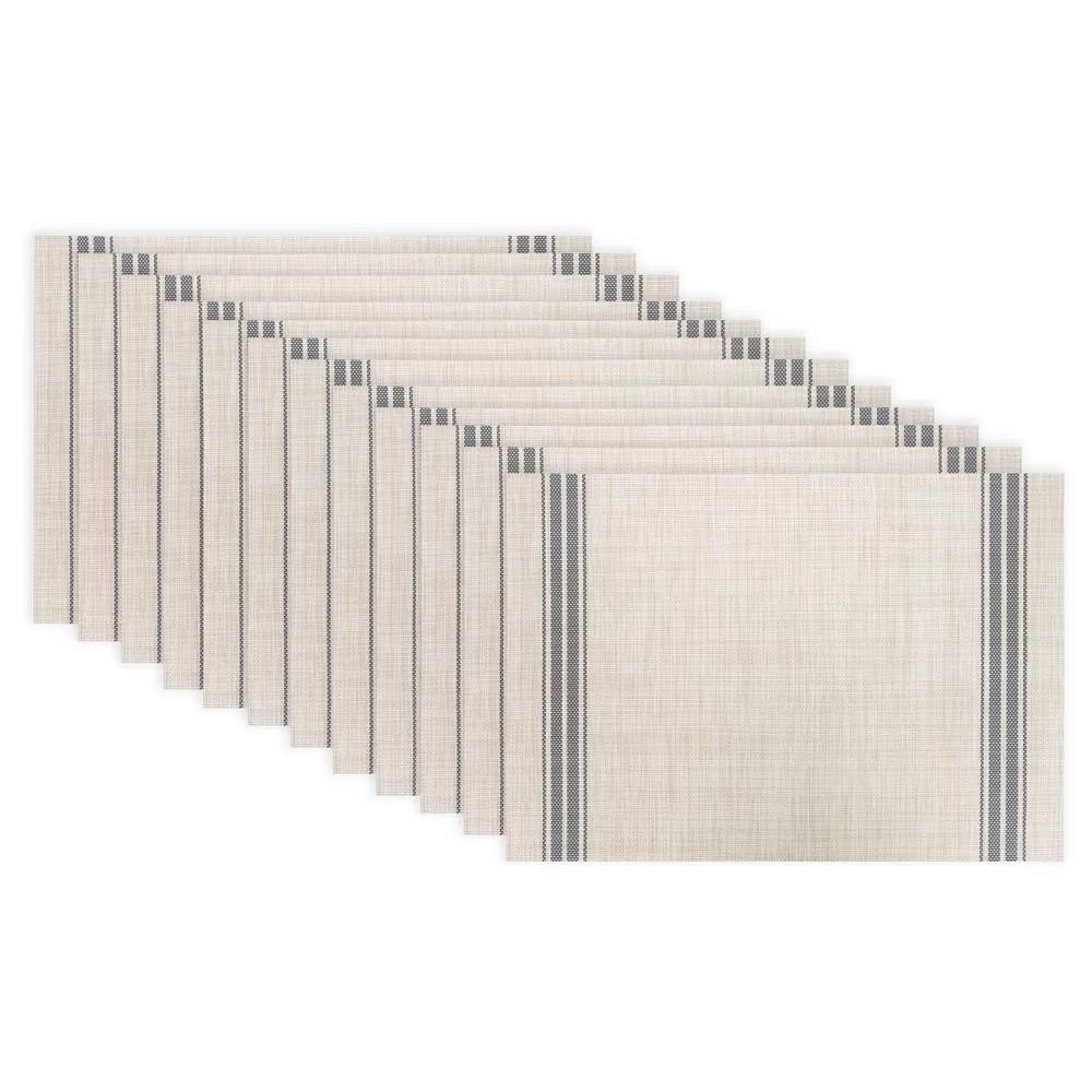 RITZ 19 x 13 Inch Grey Stripe Chambray Reversible PVC and Polyester Woven Indoor Outdoor Placemats Set 12