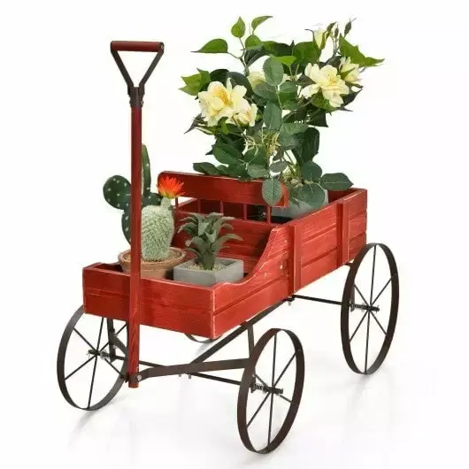 Wooden Wagon Plant Bed Wheels Garden Yard Decor Red